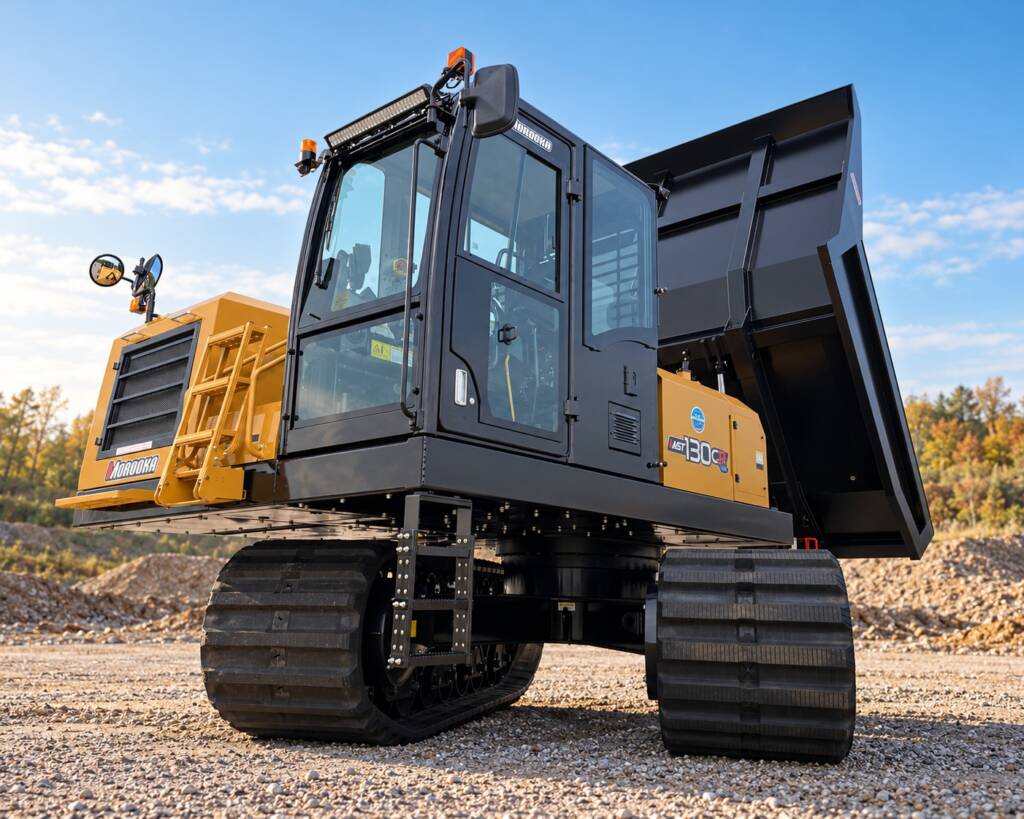 Morooka MST130CR tracked dumper with raised black dump body on a construction site